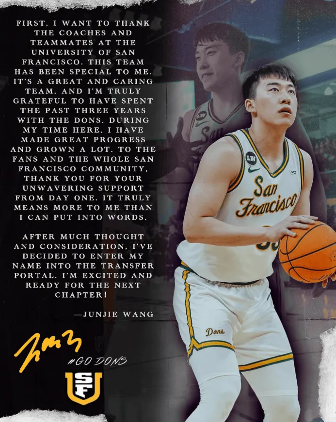 体育互动平台-王俊杰致谢旧金山大学：感谢旧金山大学的教练和队友们